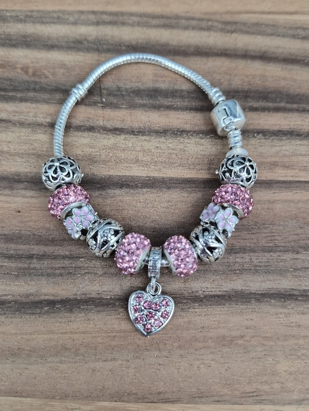 Stunning! Pink & Silver Crystal Charm Bracelet, Approx 7